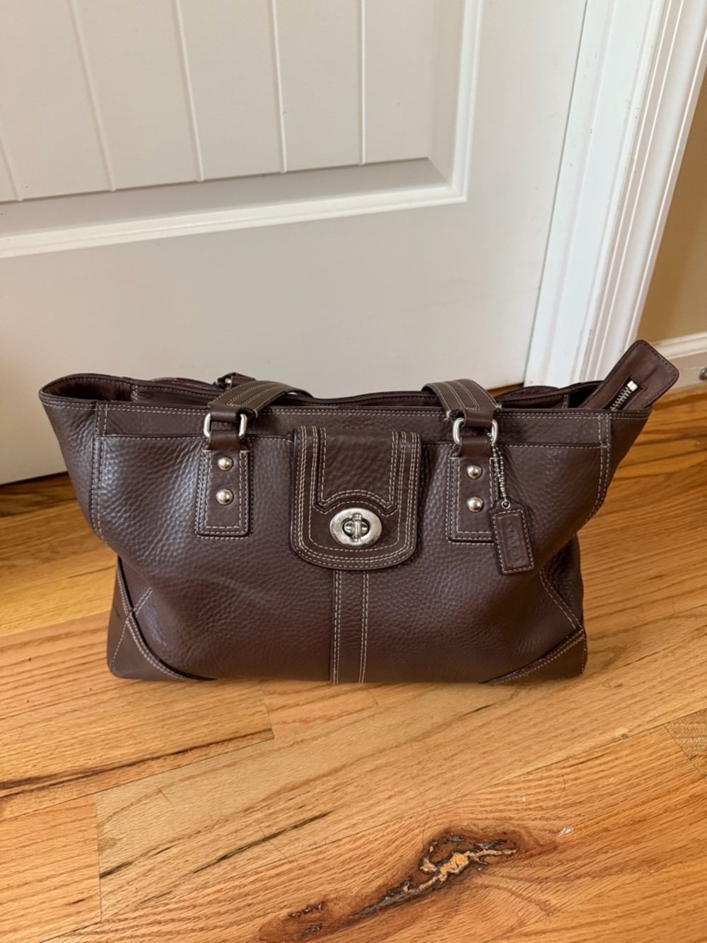 Coach Brown Pebble Leather Hampton Satchel with Pink Fabric Lining